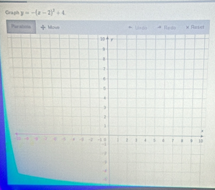 Graph y=-(x-2)^2+4
Parabola Move Undo Redo × Reset