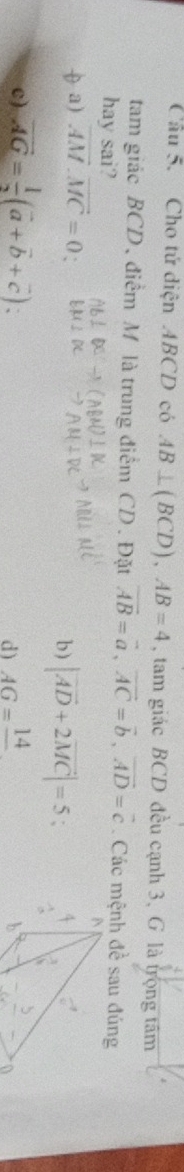 Cầu 5. Cho tử diện ABCD có AB⊥ (BCD), AB=4 , tam giác BCD đều cạnh 3, G là trọng tâm
tam giác BCD, điểm M là trung điểm CD. Đặt vector AB=vector a, vector AC=vector b, vector AD=vector c Các mệnh đề sau đúng
hay sai?
a) vector AM· vector MC=0 A
b) |vector AD+2vector MC|=5
c) vector AG= 1/2 (vector a+vector b+vector c). AG=frac 14
d)
0