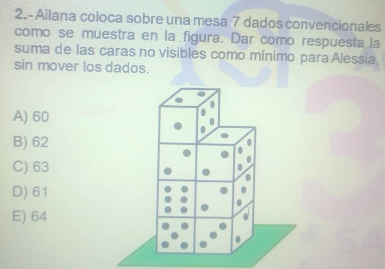 2.-Ailana coloca sobre una mesa 7 dados convencionales
como se muestra en la figura. Dar como respuesta la
suma de las caras no visibles como mínimo para Alessia,
sin mover los dados.
A) 60
B) 62
C) 63
D) 61
E) 64