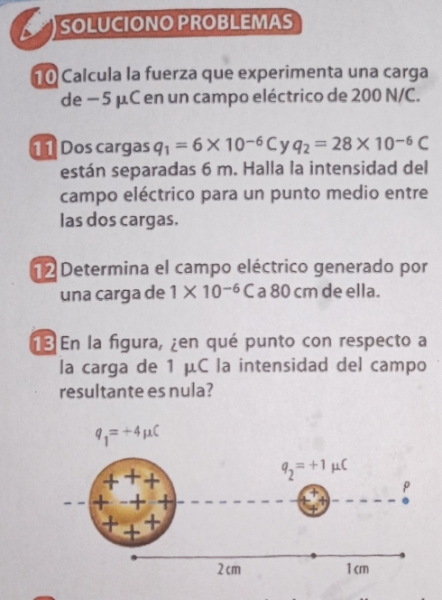 a SOLUCIONO PROBLEMAS
10 Calcula la fuerza que experimenta una carga
de − 5 μC en un campo eléctrico de 200 N/C.
11 Dos cargas q_1=6* 10^(-6)C y q_2=28* 10^(-6)C
están separadas 6 m. Halla la intensidad del
campo eléctrico para un punto medio entre
las dos cargas.
12 Determina el campo eléctrico generado por
una carga de 1* 10^(-6)C a 80 cm de ella.
13 En la figura, ¿en qué punto con respecto a
la carga de 1 μC la intensidad del campo
resultante es nula?