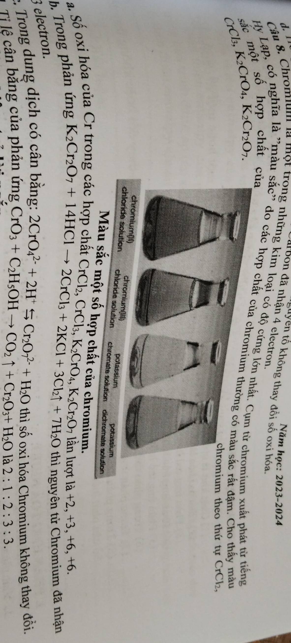d. 1
Năm học: 2023-2024
albon đã nhận 4 electron.
guyển tố không thay đổi số oxi hóa.
Câu 8. Chromium là một trong những kim loại có độ cứng lớn xuất phát từ tiếng
sắc một số hợp chất của
Hy Lạp, có nghĩa là ''màu sắc'' do các hợp chất ậm. Cho thấy màu
CrCl₃, K2CrO₄, K_2Cr_2O_7. 
theo thứ tự CrCl₂,
hợp chất của chromium.
a. Số oxi hóa của Cr trong các hợp chất
b. Trong phản ứng
CrCl_2, CrCl_3, K_2CrO_4, K_2Cr_2O_7 lần lượt
K_2Cr_2O_7+14HClto 2CrCl_3+2KCl+3Cl_2uparrow +7H_2O la+2, +3, +6, +6. 
thì nguyên tử Chromium đã nhận
3 electron.
e. Trong dung dịch có cân bằng:
2CrO_4^((2-)+2H^+)to Cr_2O_7^((2-)+H_2)O thì số oxi hóa Chromium không thay đổi.
Tỉ lệ cân bằng của phản ứng
CrO_3+C_2H_5OHto CO_2uparrow +Cr_2O_3+H_2O là 2:1:2:3:3.