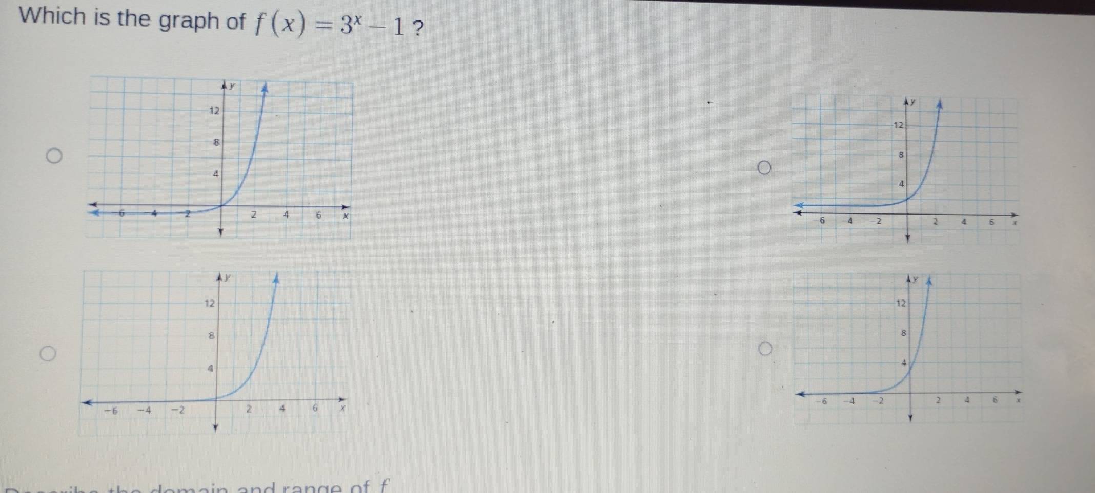 Which is the graph of f(x)=3^x-1 ? 

ra n g e