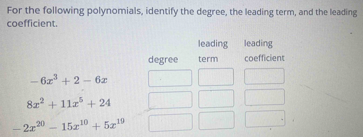 For the following polynomials, identify the degree, the leading term, and the leading
coefficient.
leading leading
degree term coefficient
-6x^3+2-6x
8x^2+11x^5+24
-2x^(20)-15x^(10)+5x^(19)