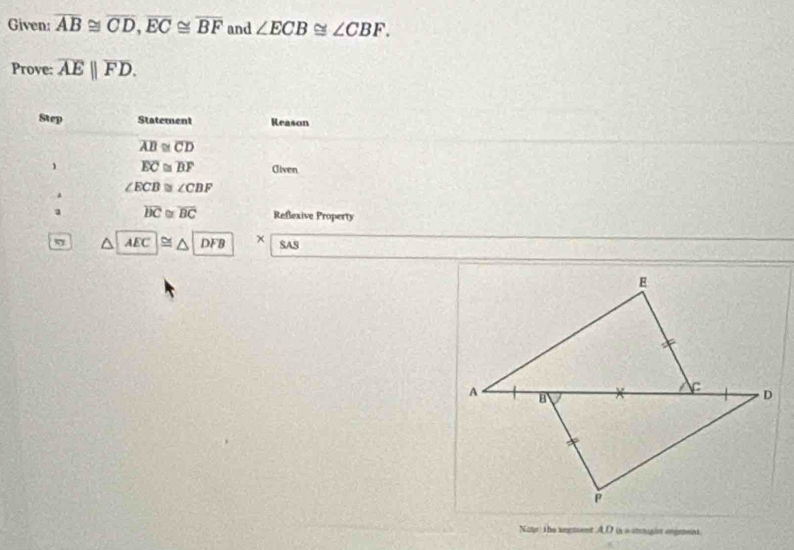 Given: overline AB≌ overline CD, overline EC≌ overline BF and ∠ ECB≌ ∠ CBF. 
Prove: overline AE||overline FD. 
Step Statement Reason
overline AB≌ overline CD
1 overline EC≌ overline BF Cliven
∠ ECB≌ ∠ CBF
a 
a overline BC≌ overline BC Reflexive Property 
η a AEC≌ △ |overline DFB × SAS 
E 
A B × C D 
P 
Note: the segment AD is a strught engent