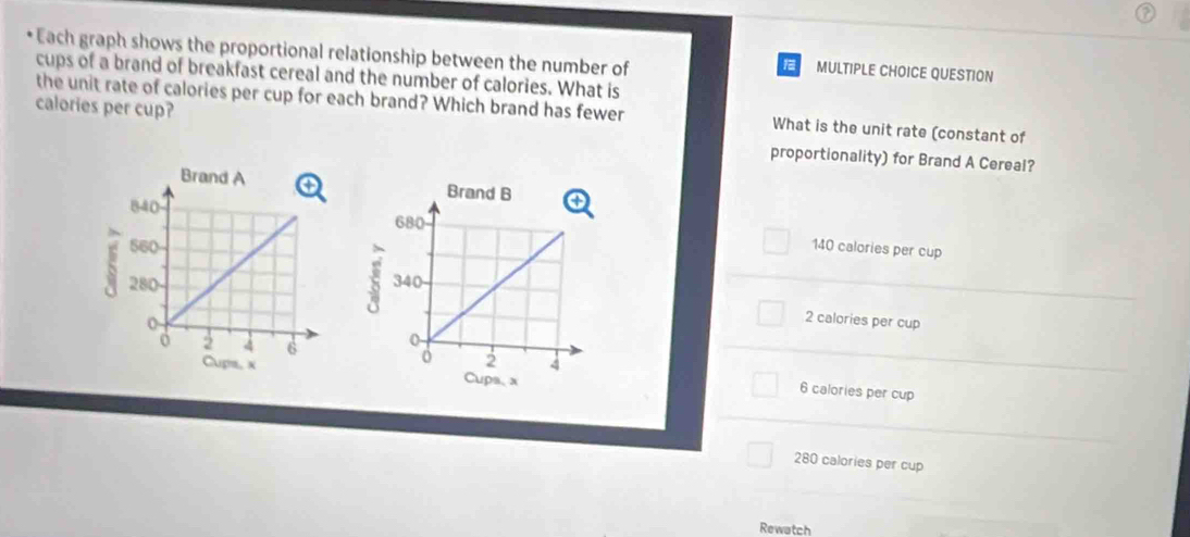 Each graph shows the proportional relationship between the number of
MULTIPLE CHOICE QUESTION
cups of a brand of breakfast cereal and the number of calories. What is
the unit rate of calories per cup for each brand? Which brand has fewer What is the unit rate (constant of
calories per cup? proportionality) for Brand A Cereal?

140 calories per cup
2 calories per cup
6 calories per cup
280 calories per cup
Rewatch