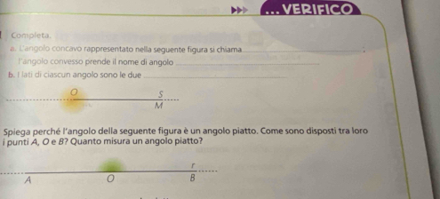 VERIFICO
Completa.
a. L'angolo concavo rappresentato nella seguente figura si chiama_
l'angolo convesso prende il nome di angolo_
b. I lati di ciascun angolo sono le due_
ς
M
Spiega perché l'angolo della seguente figura è un angolo piatto. Come sono disposti tra loro
i punti A, O e 8? Quanto misura un angolo piatto?
r
A 0 B