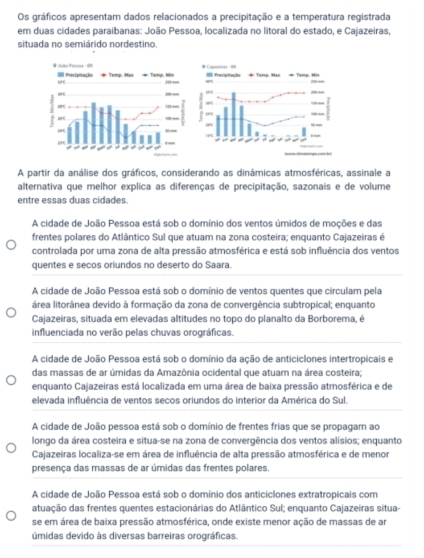 Os gráficos apresentam dados relacionados a precipitação e a temperatura registrada
em duas cidades paraibanas: João Pessoa, localizada no litoral do estado, e Cajazeiras,
situada no semiárido nordestino.
A partir da análise dos gráficos, considerando as dinâmicas atmosféricas, assinale a
alternativa que melhor explica as diferenças de precipitação, sazonais e de volume
entre essas duas cidades
A cidade de João Pessoa está sob o domínio dos ventos úmidos de moções e das
frentes polares do Atlântico Sul que atuam na zona costeira; enquanto Cajazeiras é
controlada por uma zona de alta pressão atmosférica e está sob influência dos ventos
quentes e secos oriundos no deserto do Saara.
A cidade de João Pessoa está sob o domínio de ventos quentes que circulam pela
área litorânea devido à formação da zona de convergência subtropical; enquanto
Cajazeiras, situada em elevadas altitudes no topo do planalto da Borborema, é
influenciada no verão pelas chuvas orográficas.
A cidade de João Pessoa está sob o domínio da ação de anticiclones intertropicais e
das massas de ar úmidas da Amazônia ocidental que atuam na área costeira;
enquanto Cajazeiras está localizada em uma área de baixa pressão atmosférica e de
elevada influência de ventos secos oriundos do interior da América do Sul.
A cidade de João pessoa está sob o domínio de frentes frias que se propagam ao
longo da área costeira e situa-se na zona de convergência dos ventos alísios; enquanto
Cajazeiras localiza-se em área de influência de alta pressão atmosférica e de menor
presença das massas de ar úmidas das frentes polares.
A cidade de João Pessoa está sob o domínio dos anticiclones extratropicais com
atuação das frentes quentes estacionárias do Atlântico Sul; enquanto Cajazeiras situa-
se em área de baixa pressão atmosférica, onde existe menor ação de massas de ar
úmidas devido às diversas barreiras orográficas.