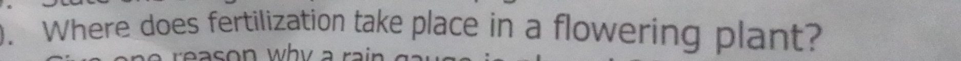 Where does fertilization take place in a flowering plant? 
o n w y a ra