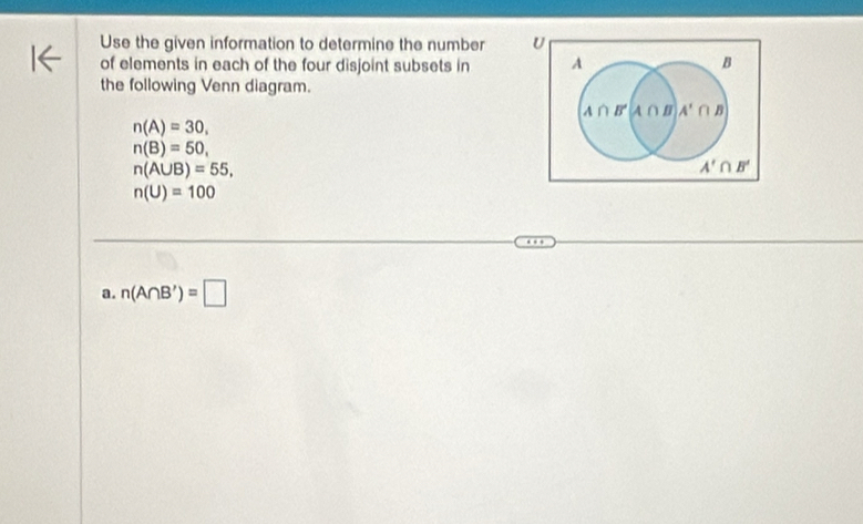 Use the given information to determine the number 
of elements in each of the four disjoint subsets in 
the following Venn diagram.
n(A)=30,
n(B)=50,
n(A∪ B)=55,
n(U)=100
a. n(A∩ B')=□