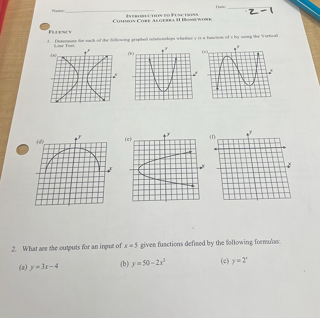 Date:_ 
Name:_ 
Introduction to Functions 
Common Core Algebra II Homework 
Fluency 
1. Determine for each of the following graphed relationships whether y is a function of x by using the Vertical 
Line Test. 

2. What are the outputs for an input of x=5 given functions defined by the following formulas: 
(a) y=3x-4
(b) y=50-2x^2 (c) y=2^x