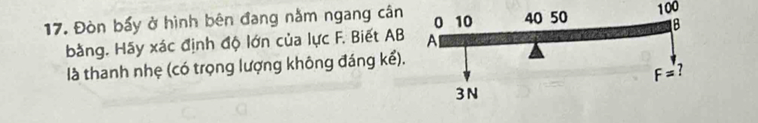 Đòn bấy ở hình bên đang nằm ngang cân 100
bằng. Hãy xác định độ lớn của lực F. Biết AB
là thanh nhẹ (có trọng lượng không đáng kể).