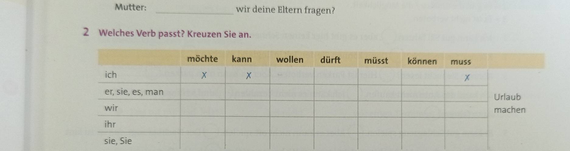 Mutter: _wir deine Eltern fragen? 
2 Welches Verb passt? Kreuzen Sie an.