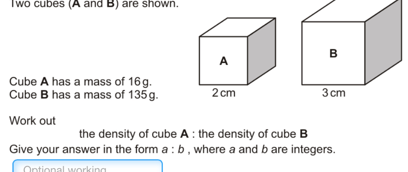Solved: Two cubes (A and B) are shown. Cube A has a mass of 16g. Cube B ...