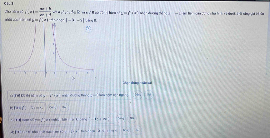 Cho hàm số f(x)= (ax+b)/cx+d  vớia,b c,d∈ R và c!= 0 có đồ thị hàm số y=f'(x) nhận đường thắng x=-1 làm tiệm cận đứng như hình vẽ dưới. Biết rằng giá trị lớn 
nhất của hàm số y=f(x) trên đoạn [-3;-2] bãng 8. 
Chọn đúng hoặc sai 
a) [TH] Đồ thị hàm số y=f'(x) nhận đường thắng y=0 làm tiêm cận ngang. Đúng Sai 
b) [TH] f(-3)=8. Đùng Sai 
c) [TH] Hàm số y=f(x) nghịch biến trên khoảng (-1;+∈fty ) Đūng Sai 
d) T H] Giá trị nhỏ nhất của hàm số y=f(x) trên đoạn (2;4) bǎng 4. Đúng Sai