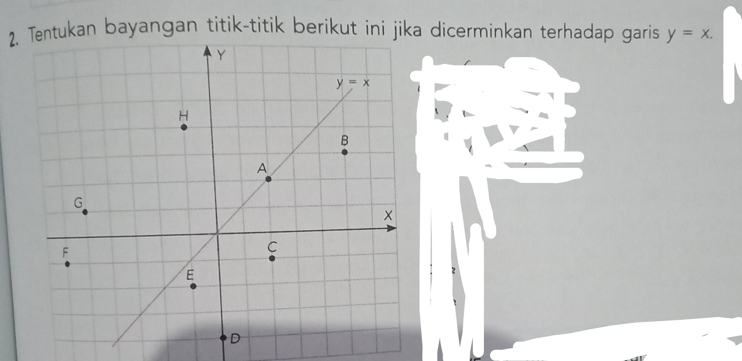 Tentukan bayangan titik-titik berikut ini jika dicerminkan terhadap garis y=x.
1