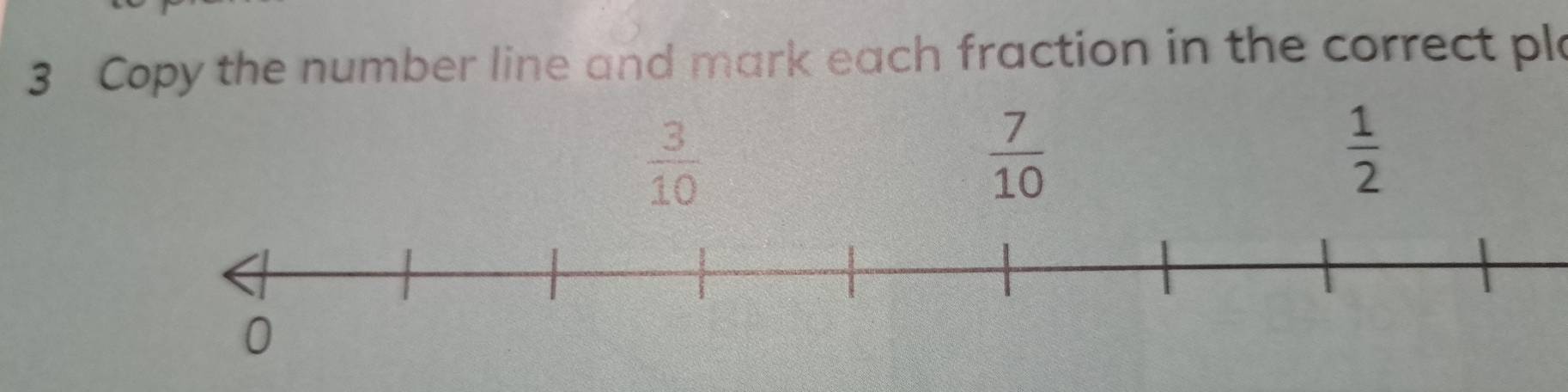 Copy the number line and mark each fraction in the correct plo
 3/10 
 7/10 
 1/2 