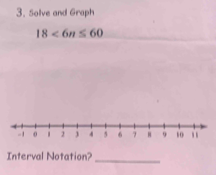 Solve and Graph
18<6n≤ 60
Interval Notation?_