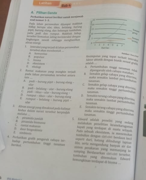 Latiban Bab 4
A. Pilihan Ganda
Perhatikan narasi berikut untuk menjawab
soal nomor 1-3.
Pada lahan persawahan dijumpai makhluk
hidup berupa ular; zikus, belalang, burung
pipit, burung elang, dan beberapa tumbuhan, 
yaitu padi dan rumpur. Makhluk hidup 
tersebut kemudian saling berinterakai dengan
lingkungan sawah sehingga menghasilkan
aliran energi.
1. Interaku yang terjadi di lahan persawahan
tersebut akan membentuk ..
Sumber: Rus/Che
A. homunitas Kesimpulan yang tepat terkait interaks
R. populasi faktor abiotik dengan biotik sesuai grafik
D. ekosistem
adalah
C. bimma A. Pertumbuhan tinggi tanaman tidak
E. ekologi dipengaruhi oleh cahaya matahar
2. Rantai makanan yang mungkin terjadi B. Semakin gelap cahaya yang diterima
pada lahan persawahan tersebut antara
lain  .
maka semakin lambat pertumbuhan
tanaman
A. padi - burung pipit - burung elang - C. Semakin gelap cahaya yang diterima.
ular
B. padi - belalang - ular - burung elang maka semakin tinggi pertumbuhan
C. padi ~ tikus - ular - burung elang - tanaman.
D. rumput - tikus - ular - burung elang D. Semakin terang cahaya yang diterima
E. cumput - belalang - burung pipit - tanaman.
maka semakin lambat pertumbuha
ular E. Semakin terang cahaya yang diterima.
3. Aliran energi yang dimaksud pada kalimat maka semakin tinggi pertumbuhas
kedua dalam narasi tersebut herpindah tanaman
melalui a
A. piramida jumlah 5. Edward adalah peneliti yang sedang
melakukan penelitian keanekaragaman
B. piramida biomassa hayati yang terdapat di suatu wilayah.
C. rantaï makanan Pada sebuah ekosistem, ia menemukan
D. daur biogeokimia tumbuhan dengan ciri-ciri berdaun kecil
E simbiosis seperti duri, batang dilindungi lapisan
4. Perhatikan grafik pengaruh cahaya ter lilin, serta mengandung banyak air dan
hadap pertumbuhan tinggi tanaman
berikut. sistem perakaran yang memanjang ke
samping. Berdasarkan ciri-ciri tersebut.
tumbuhan yang ditemukan Edward
kemungkinan terdapat di bioma ....
.