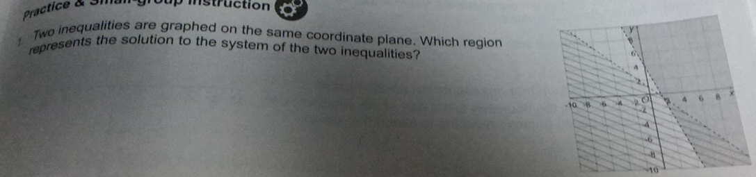 Practice & omen-group instruction 
Two inequalities are graphed on the same coordinate plane. Which region 
represents the solution to the system of the two inequalities?
10