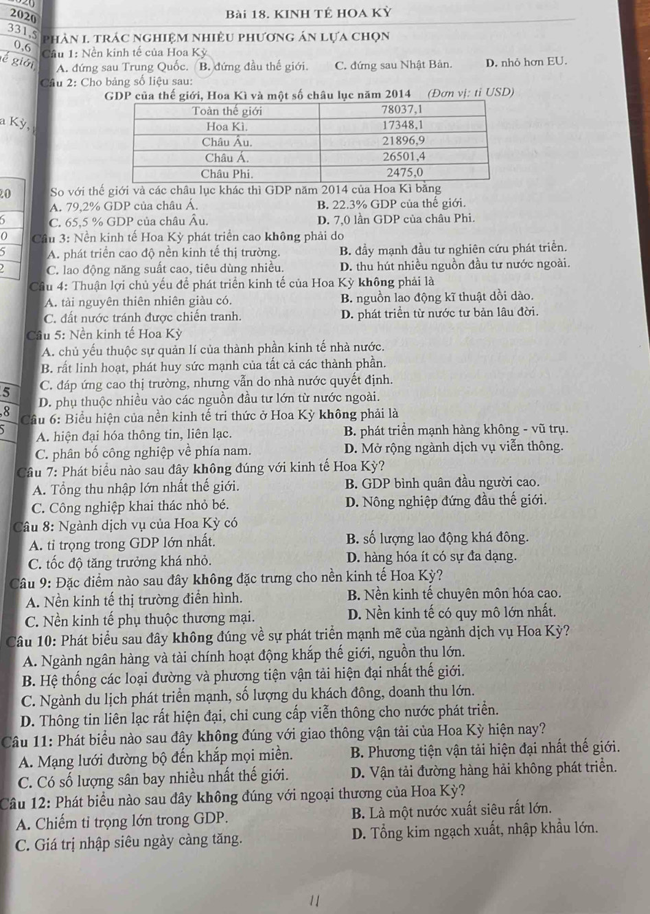 2020
Bài 18. KINh Tế Hoa Kỳ
331,8 phân l trác nghiệm nhiều phương án lựa chọn
0,6
Cầu 1: Nền kinh tế của Hoa Kỳ
é giới A. đứng sau Trung Quốc. B. đứng đầu thế giới. C. đứng sau Nhật Bản. D. nhỏ hơn EU.
Câu 2: Cho bảng số liệu sau:
GDP của thế giới, Hoa Kì và một số châu lục năm 2014 (Đơn vị: tỉ USD)
a Kỳ,
20 So với thế giới và các châu lục khác thì GDP năm 2014 của Hoa Kì bằng
A. 79,2% GDP của châu Ả. B. 22.3% GDP của thế giới.
6 C. 65,5 % GDP của châu Âu. D. 7,0 lần GDP của châu Phi.
Cầu 3: Nền kinh tế Hoa Kỳ phát triển cao không phải do
5 A. phát triển cao độ nền kinh tế thị trường. B. đầy mạnh đầu tư nghiên cứu phát triển.
C. lao động năng suất cao, tiêu dùng nhiều. D. thu hút nhiều nguồn đầu tư nước ngoài.
Câu 4: Thuận lợi chủ yếu để phát triển kinh tế của Hoa Kỳ không phải là
A. tài nguyên thiên nhiên giàu có. B. nguồn lao động kĩ thuật dồi dào.
C. đất nước tránh được chiến tranh. D. phát triển từ nước tư bản lâu đời.
Cầu 5: Nền kinh tế Hoa Kỳ
A. chủ yếu thuộc sự quản lí của thành phần kinh tế nhà nước.
B. rất linh hoạt, phát huy sức mạnh của tất cả các thành phần.
5 C. đáp ứng cao thị trường, nhưng vẫn do nhà nước quyết định.
D. phụ thuộc nhiều vào các nguồn đầu tư lớn từ nước ngoài.
8
Câu 6: Biểu hiện của nền kinh tế tri thức ở Hoa Kỳ không phải là
A. hiện đại hóa thông tin, liên lạc. B. phát triển mạnh hàng không - vũ trụ.
C. phân bố công nghiệp về phía nam. D. Mở rộng ngành dịch vụ viễn thông.
Câu 7: Phát biểu nào sau đây không đúng với kinh tế Hoa Kỳ?
A. Tổng thu nhập lớn nhất thế giới. B. GDP bình quân đầu người cao.
C. Công nghiệp khai thác nhỏ bé. D. Nông nghiệp đứng đầu thế giới.
Câu 8: Ngành dịch vụ của Hoa Kỳ có
A. tỉ trọng trong GDP lớn nhất. B. số lượng lao động khá đông.
C. tốc độ tăng trưởng khá nhỏ. D. hàng hóa ít có sự đa dạng.
Câu 9: Đặc điểm nào sau đây không đặc trưng cho nền kinh tế Hoa Kỳ?
A. Nền kinh tế thị trường điển hình. B. Nền kinh tế chuyên môn hóa cao.
C. Nền kinh tế phụ thuộc thương mại. D. Nền kinh tế có quy mô lớn nhất.
Câu 10: Phát biểu sau đây không đúng về sự phát triển mạnh mẽ của ngành dịch vụ Hoa Kỳ?
A. Ngành ngân hàng và tài chính hoạt động khắp thế giới, nguồn thu lớn.
B. Hệ thống các loại đường và phương tiện vận tải hiện đại nhất thế giới.
C. Ngành du lịch phát triển mạnh, số lượng du khách đông, doanh thu lớn.
D. Thông tin liên lạc rất hiện đại, chỉ cung cấp viễn thông cho nước phát triển.
Câu 11: Phát biểu nào sau đây không đúng với giao thông vận tải của Hoa Kỳ hiện nay?
A. Mạng lưới đường bộ đến khắp mọi miền. B. Phương tiện vận tải hiện đại nhất thế giới.
C. Có số lượng sân bay nhiều nhất thế giới. D. Vận tải đường hàng hải không phát triển.
Câu 12: Phát biểu nào sau đây không đúng với ngoại thương của Hoa Kỳ?
A. Chiếm tỉ trọng lớn trong GDP. B. Là một nước xuất siêu rất lớn.
C. Giá trị nhập siêu ngày càng tăng. D. Tổng kim ngạch xuất, nhập khẩu lớn.