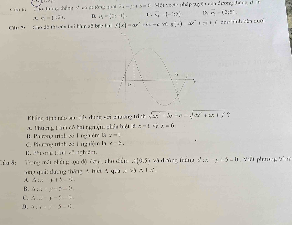 (1:3)
Câu 6: Cho dường thắng đ có pt tông quát 2x-y+5=0.  Một vectơ pháp tuyến của đường thắng đ là
A. vector n_2=(1:2). B. vector n_1=(2;-1). C. vector n_4=(-1;5). D. vector n_3=(2;5).
Câu 7: Cho đồ thị của hai hàm số bậc hai f(x)=ax^2+bx+c và g(x)=dx^2+ex+f như hình bên dưới.
Khắng dịnh nào sau dây đúng với phương trình sqrt(ax^2+bx+c)=sqrt(dx^2+ex+f) ？
A. Phương trình có hai nghiệm phân biệt là x=1 và x=6.
B. Phương trình có 1 nghiệm là x=1.
C. Phương trình có 1 nghiệm là x=6.
D. Phương trình vô nghiệm.
Câu 8: :    Trong mặt phăng tọa độ Oxy, cho điêm A(0;5) và đường thǎng d^. x-y+5=0.  Viết phương trình
tông quát đường thắng Δ biết Δ qua A và △ ⊥ d.
A. △ :x-y+5=0.
B. △ :x+y+5=0.
C. △ :x-y-5=0.
D. △ :x+y-5=0.