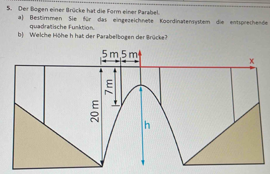 Der Bogen einer Brücke hat die Form einer Parabel. 
a) Bestimmen Sie für das eingezeichnete Koordinatensystem die entsprechende 
quadratische Funktion. 
b) Welche Höhe h hat der Parabelbogen der Brücke?