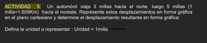 ACTIVIDAD 5. Un automóvil viaja 3 millas hacia el norte, luego 5 millas (1
milla=1.609Km) hacia el noreste. Represente estos desplazamientos en forma gráfica 
en el plano cartesiano y determine el desplazamiento resultante en forma gráfica: 
Defina la unidad a representar : Unidad =1milla 
_