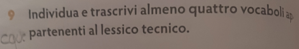 Individua e trascrivi almeno quattro vocaboli ap 
partenenti al lessico tecnico.