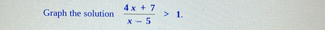 Graph the solution  (4x+7)/x-5 >1.