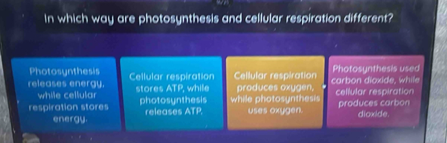 In which way are photosynthesis and cellular respiration different?
Photosynthesis Photosynthesis used
releases energy. Cellular respiration Cellular respiration carbon dioxide, while
while cellular stores ATP, while produces oxygen, cellular respiration
respiration stores photosynthesis while photosynthesis produces carbon
energy. releases ATP. uses oxygen. dioxide.