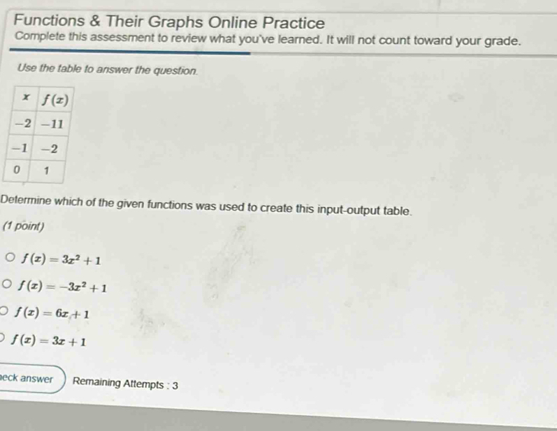 Functions & Their Graphs Online Practice
Complete this assessment to review what you've learned. It will not count toward your grade.
Use the table to answer the question.
Determine which of the given functions was used to create this input-output table.
(1 point)
f(x)=3x^2+1
f(x)=-3x^2+1
f(x)=6x+1
f(x)=3x+1
eck answer Remaining Attempts : 3