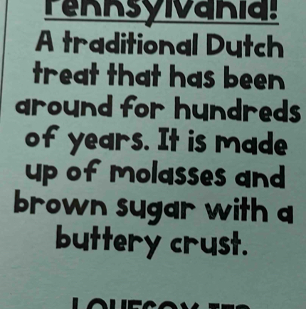 PerRsylvaria! 
A traditional Dutch 
treat that has been 
around for hundreds 
of years. It is made 
up of molasses and 
brown sugar with a 
buttery crust.