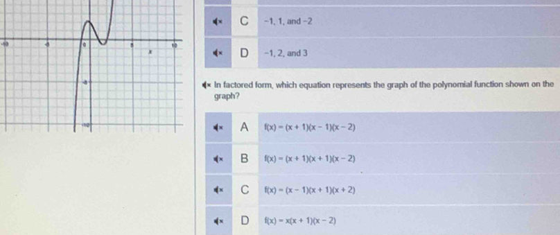 C -1, 1, and -2
-10
−1, 2, and 3
In factored form, which equation represents the graph of the polynomial function shown on the
graph?
A f(x)=(x+1)(x-1)(x-2)
B f(x)=(x+1)(x+1)(x-2)
C f(x)=(x-1)(x+1)(x+2)
D f(x)=x(x+1)(x-2)