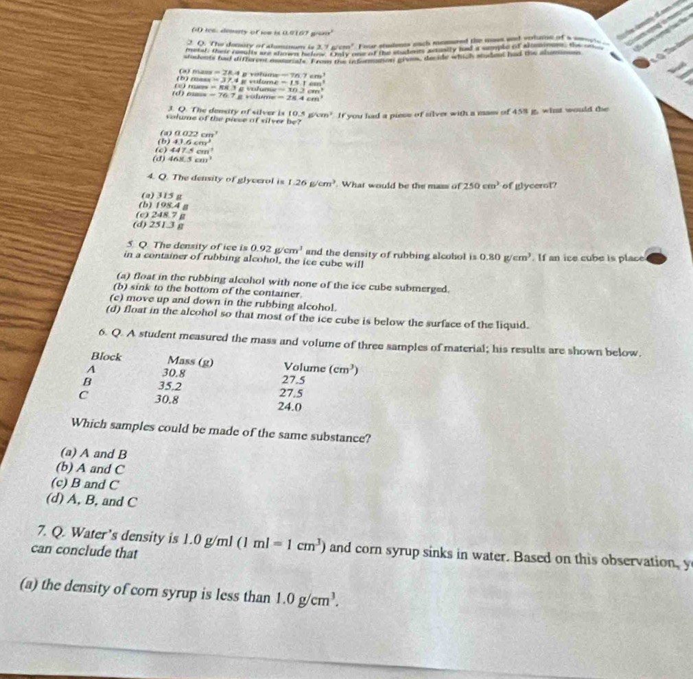 () ies: denaty of iow is 0.0167 gram'
 
2. Q. The denery of alomtsum is 3.7_B/cm^3 Four students each meamted the mes and vohine of a seec l  
metal. Heie rasglls ae whoven hefere ruy oe of the staderim setustly had it sample of aomomans, the a 
stodents had difherent mseriafs. From the information gives, decide which modent had the alumen

( mam =28.4pw * w=76.7cm^3
(b) mass =37.4g aume =15.1cm^2
(c) hes =m∠ 3
(d);;;; =76.7g vodume vatune -30.2cm^3
=28.4cm^3
3. Q. The density of silver is 10.5g/cm^3 Itf you had a piess of silver with a mass of 45% g, what would the
volume of the piece of silver be?
(a) 0.022cm^3
(b) 43.6cm^3
(c) 447.5cm^3
(d) 468.5cm^3
4. Q. The density of glyccrol is 1.26g/cm^3 What would be the mass of 250cm^3 of glycerol?
(a) 315 g
(b) 198.4 g
(c) 248 7 g
(d) 251.3 g
5. Q. The density of ice is 0.92g/cm^3 and the density of rubbing alcohol is 0.80g/cm^3
in a container of rubbing alcohol, the ice cube will . If an ice cube is place
(a) float in the rubbing alcohol with none of the ice cube submerged.
(b) sink to the bottom of the container
(c) move up and down in the rubbing alcohol.
(d) float in the alcohol so that most of the ice cube is below the surface of the liquid.
6. Q. A student measured the mass and volume of three samples of material; his results are shown below.
Block Mass (g) Volume (cm^3)
A 30.8
27.5
B 35.2 27.5
C 30.8 24.0
Which samples could be made of the same substance?
(a) A and B
(b) A and C
(c) B and C
(d) A, B, and C
7. Q. Water’s density is 1.0 g/ml (1ml=1cm^3) and corn syrup sinks in water. Based on this observation, y
can conclude that
(a) the density of corn syrup is less than 1.0g/cm^3.