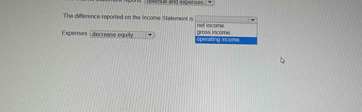 ns revenue and expense 
The difference reported on the Income Statement is 
net income. 
gross income. 
Expenses decrease equity operating income.