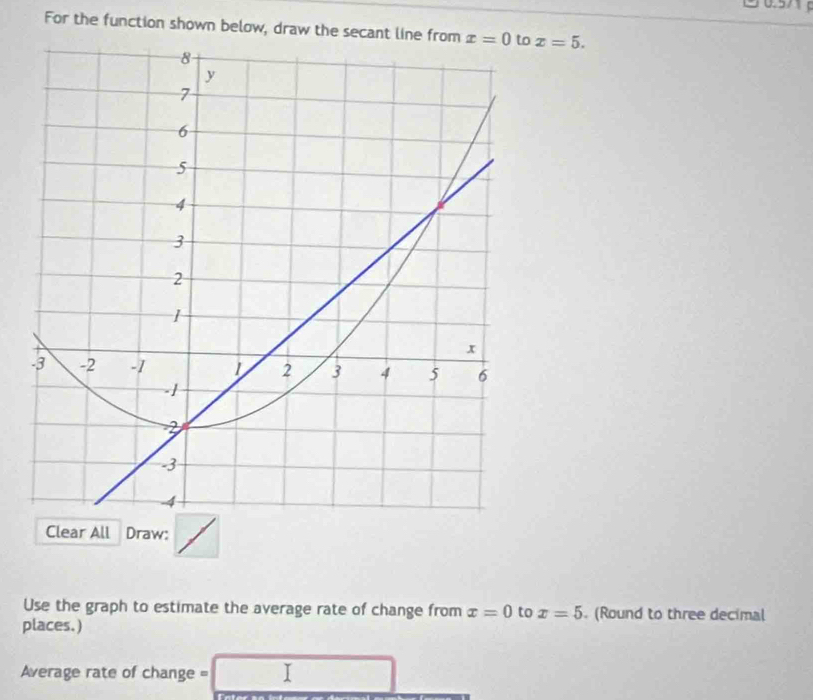 For the function shown below, draw the secant line from x=5.
Clear All Draw:
Use the graph to estimate the average rate of change from x=0 to x=5. (Round to three decimal
places.)
Average rate of change =