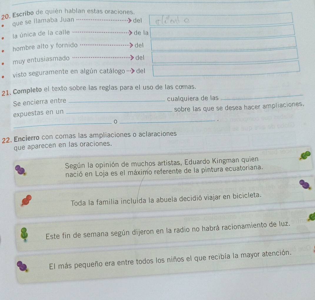 Escribo de quién hablan estas oraciones. 
que se llamaba Juan del 
la única de la calle de la 
hombre alto y fornido del 
muy entusiasmado 
del 
visto seguramente en algún catálogo … del 
_ 
21. Completo el texto sobre las reglas para el uso de las comas. 
Se encierra entre _cualquiera de las 
expuestas en un _sobre las que se desea hacer ampliaciones, 
_ 
_. 
22. Encierro con comas las ampliaciones o aclaraciones 
que aparecen en las oraciones. 
Según la opinión de muchos artistas, Eduardo Kingman quien 
nació en Loja es el máximo referente de la pintura ecuatoriana. 
Toda la familia incluida la abuela decidió viajar en bicicleta. 
Este fin de semana según dijeron en la radio no habrá racionamiento de luz. 
El más pequeño era entre todos los niños el que recibía la mayor atención.