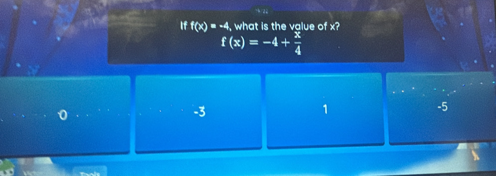 If f(x)=-4 what is the value of x?
f(x)=-4+ x/4 
-3
1
-5
bw