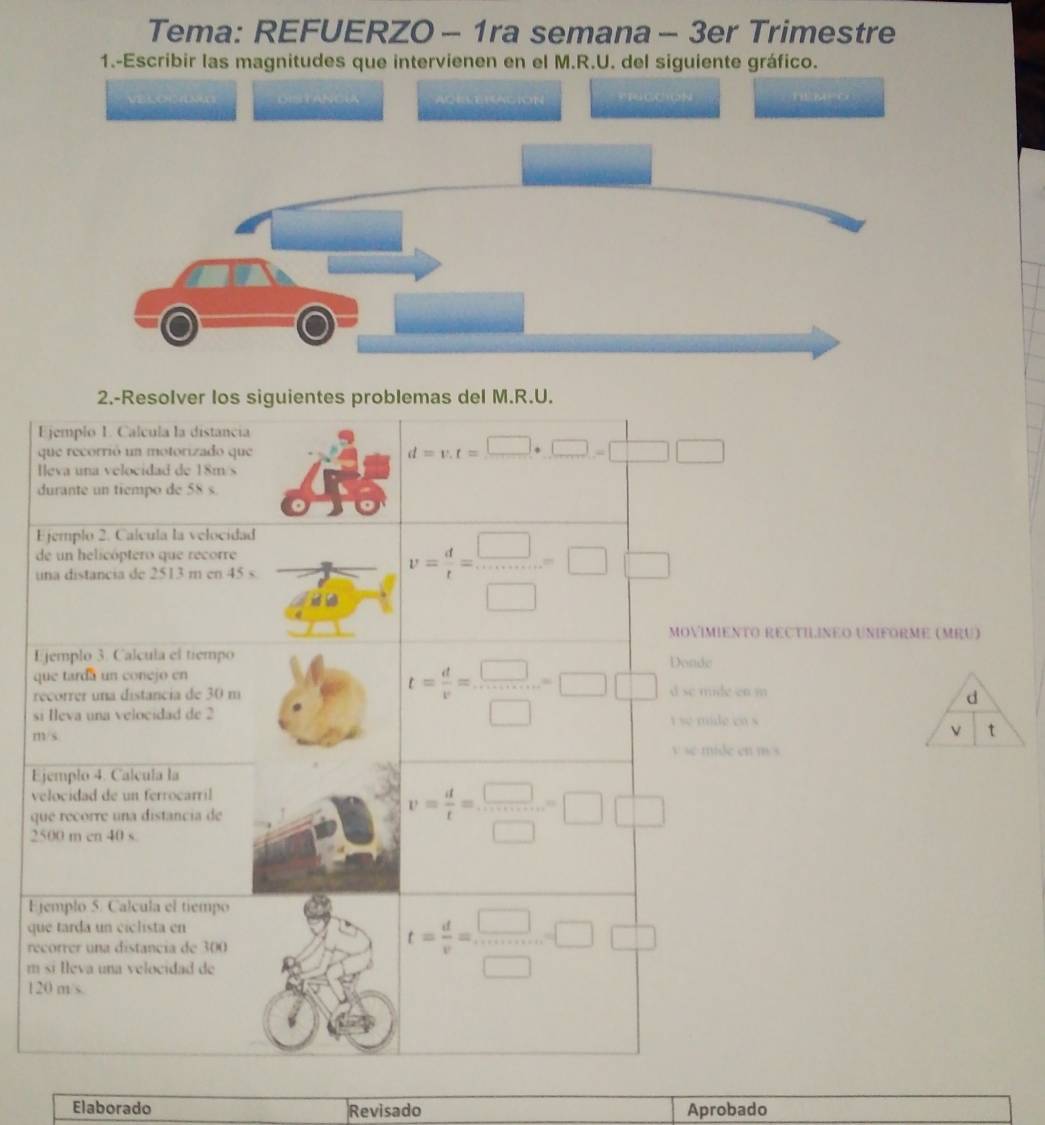 Tema: REFUERZO - 1ra semana - 3er Trimestre 
1.-Escribir las magnitudes que intervienen en el M.R.U. del siguiente gráfico. 
(y ACRRERACION 
2.-Resolver los siguientes problemas del M.R.U. 
Ejemplo 1. Calcula la distancia 
que recorrió un motorizado que d=v.t=□ · □ =□ □
Ileva una velocidad de 18m/s
durante un tiempo de 58 s. 
Ejemplo 2. Calcula la velocidad 
de un helicóptero que recorre 
una distancia de 2513 m en 45 s v= d/t = □ /□  =□  □ /□  
i w 
MOVIMIENTO RECTILINEO UNIFORME (MRU) 
Ejemplo 3. Calcula el tiempo Donde 
que tarda un conejo en
t= d/v = □ /□  =□° □ 
recorrer una distancia de 30 m d sc mide cn m
d 
si Ieva una velocidad de 2 i se mide en s 
ν t
m/s v se mide en m s
Ejemplo 4. Calcula la 
velocidad de un ferrocarril 
que recorre una distancia de
2500 m cn 40 s.
v= d/t = □ /□  =□  □ /□  
Ejemplo 5. Calcula el tiempo 
que tarda un ciclista en 
recorrer una distancia de 300 t= d/v = □ /□  =□  □ /□  
m si lleva una velocidad de
120 m/s. 
Elaborado Revisado Aprobado