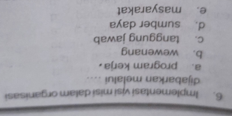 Implementasi visi misi dalam organisasi
dijabarkan melalui ....
a. program kerja.
b. wewenang
c. tanggung jawab
d. sumber daya
e. masyarakat