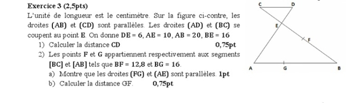 (2,5pts)
C D
L'unité de longueur est le centimètre. Sur la figure ci-contre, les 
droites (AB) et (CD) sont parallèles. Les droites (AD) et (BC) se 
coupent au point E. On donne DE=6, AE=10, AB=20, BE=16
1) Calculer la distance CD 0,75pt
2) Les points F et G appartiennent respectivement aux segments 
[ BC ] et [ AB ] tels que BF=12,8 et BG=16. 
a) Montre que les droites (FG) et (AE) sont parallèles. 1pt 
b) Calculer la distance GF. 0,75pt