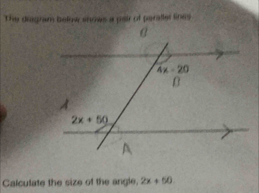 The diagram below shows a pair of perallel lines
Calculate the size of the angle, 2x+50