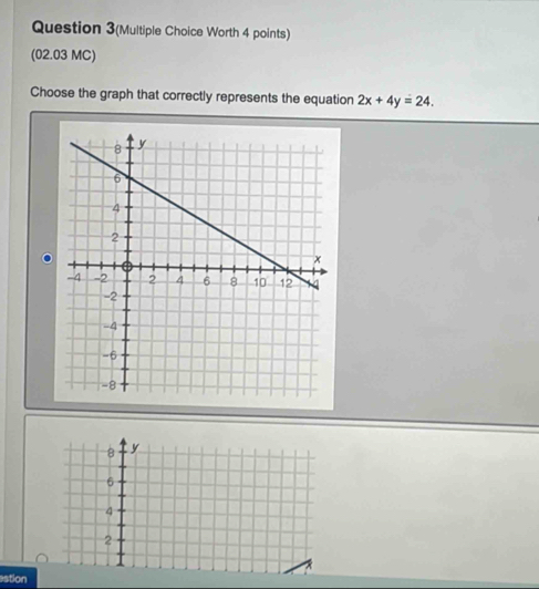 Question 3(Multiple Choice Worth 4 points)
(02.03 MC)
Choose the graph that correctly represents the equation 2x+4y=24.
8 y
6
4
2
stion