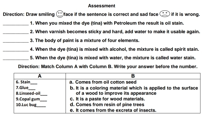 Assessment 
Direction: Draw smiling face if the sentence is correct and sad face if it is wrong. 
_1. When you mixed the dye (tina) with Petroleum the result is oil stain. 
_2. When varnish becomes sticky and hard, add water to make it usable again. 
_3. The body of paint is a mixture of four elements. 
_4. When the dye (tina) is mixed with alcohol, the mixture is called spirit stain. 
_5. When the dye (tina) is mixed with water, the mixture is called water stain. 
Direction: Match Column A with Column B. Write your answer before the number.