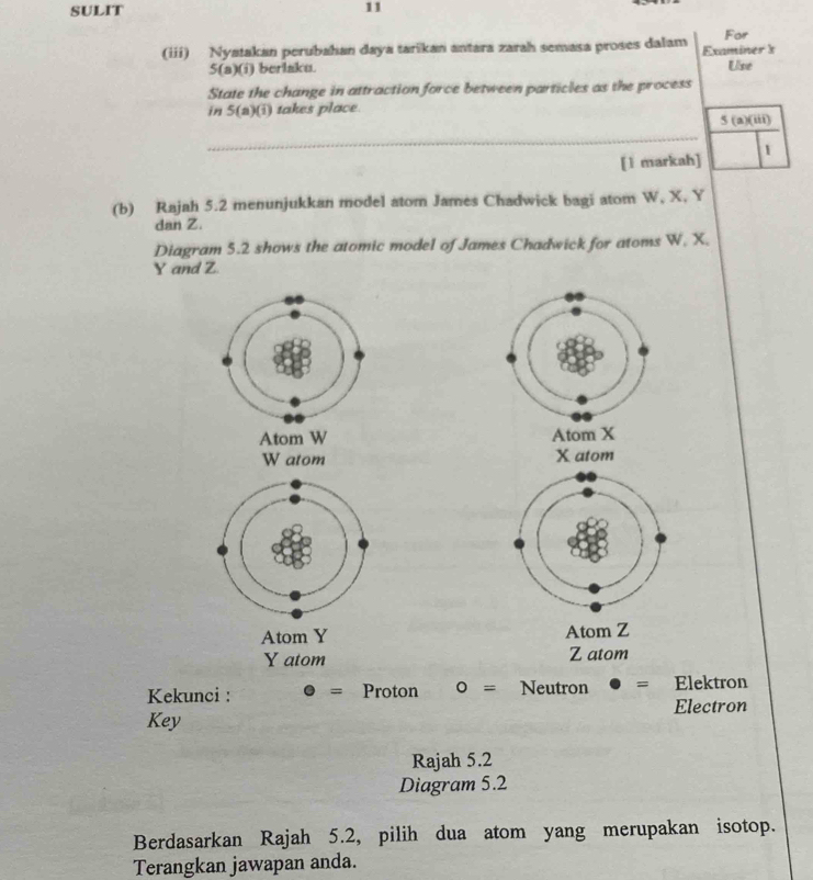 SULIT
11
(iii) Nyatakan perubahan daya tarikan antara zarah semasa proses dalam Examiner x For
5(a)(i) berlaku. Use
State the change in attraction force between particles as the process
in 5(a)(i) takes place
_
5(a)(iii) 
[1 markah] 1
(b) Rajah 5.2 menunjukkan model atom James Chadwick bagi atom W, X, Y
dan Z.
Diagram 5.2 shows the atomic model of James Chadwick for atoms W. X.
Y and Z.
Atom W Atom X
W atom X atom
Atom Y Atom Z
Y atom Z atom
Kekunci : . = Proton 0= Neutron Elektron
Electron
Key
Rajah 5.2
Diagram 5.2
Berdasarkan Rajah 5.2, pilih dua atom yang merupakan isotop.
Terangkan jawapan anda.