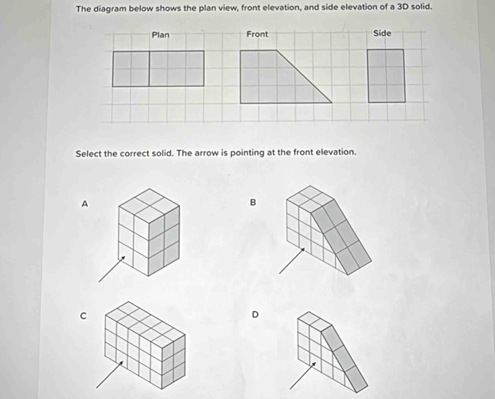Solved: The diagram below shows the plan view, front elevation, and ...