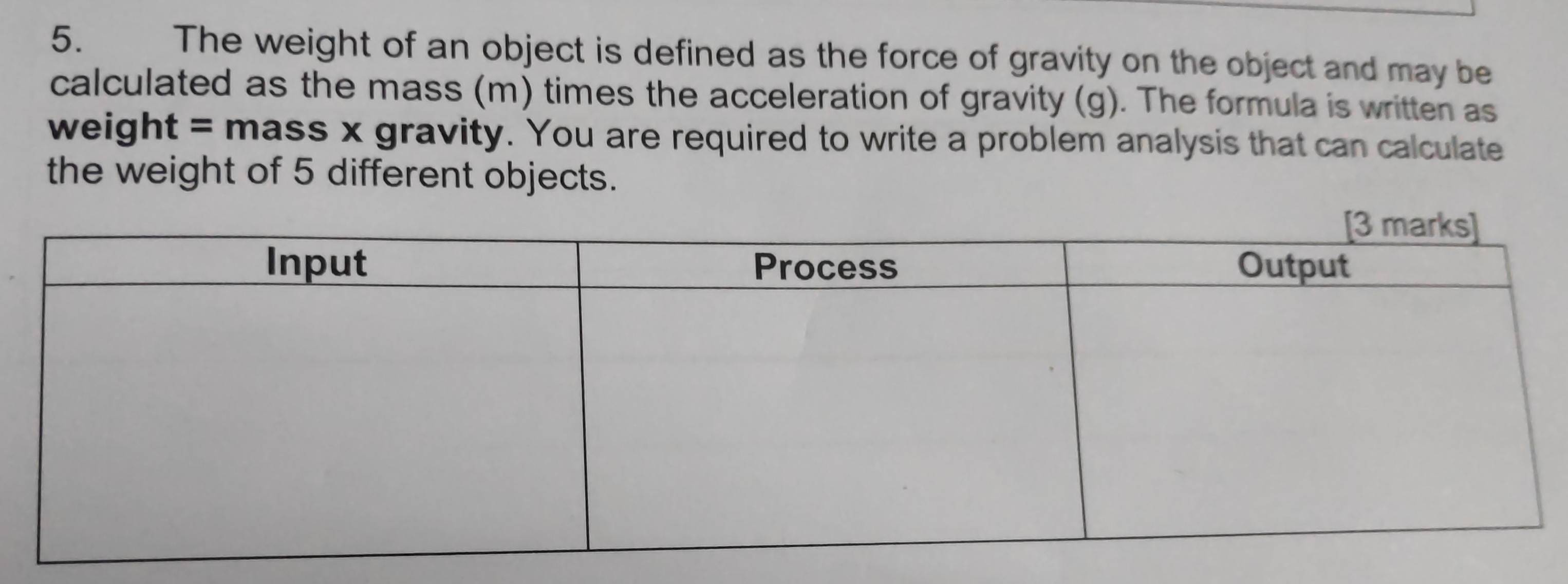 The weight of an object is defined as the force of gravity on the object and may be 
calculated as the mass (m) times the acceleration of gravity (g). The formula is written as 
weight = mass x gravity. You are required to write a problem analysis that can calculate 
the weight of 5 different objects.