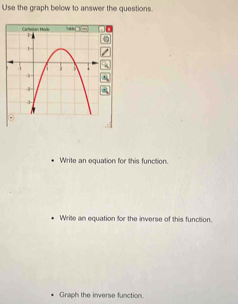 Use the graph below to answer the questions.
Write an equation for this function.
Write an equation for the inverse of this function.
Graph the inverse function.