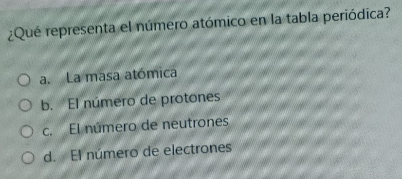 ¿Qué representa el número atómico en la tabla periódica?
a. La masa atómica
b. El número de protones
c. El número de neutrones
d. El número de electrones