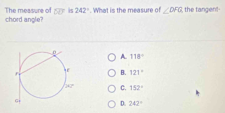 The measure of widehat DEF is 242°. What is the measure of ∠ DFG, , the tangent-
chord angle?
A. 118°
B. 121°
C. 152°
D. 242°